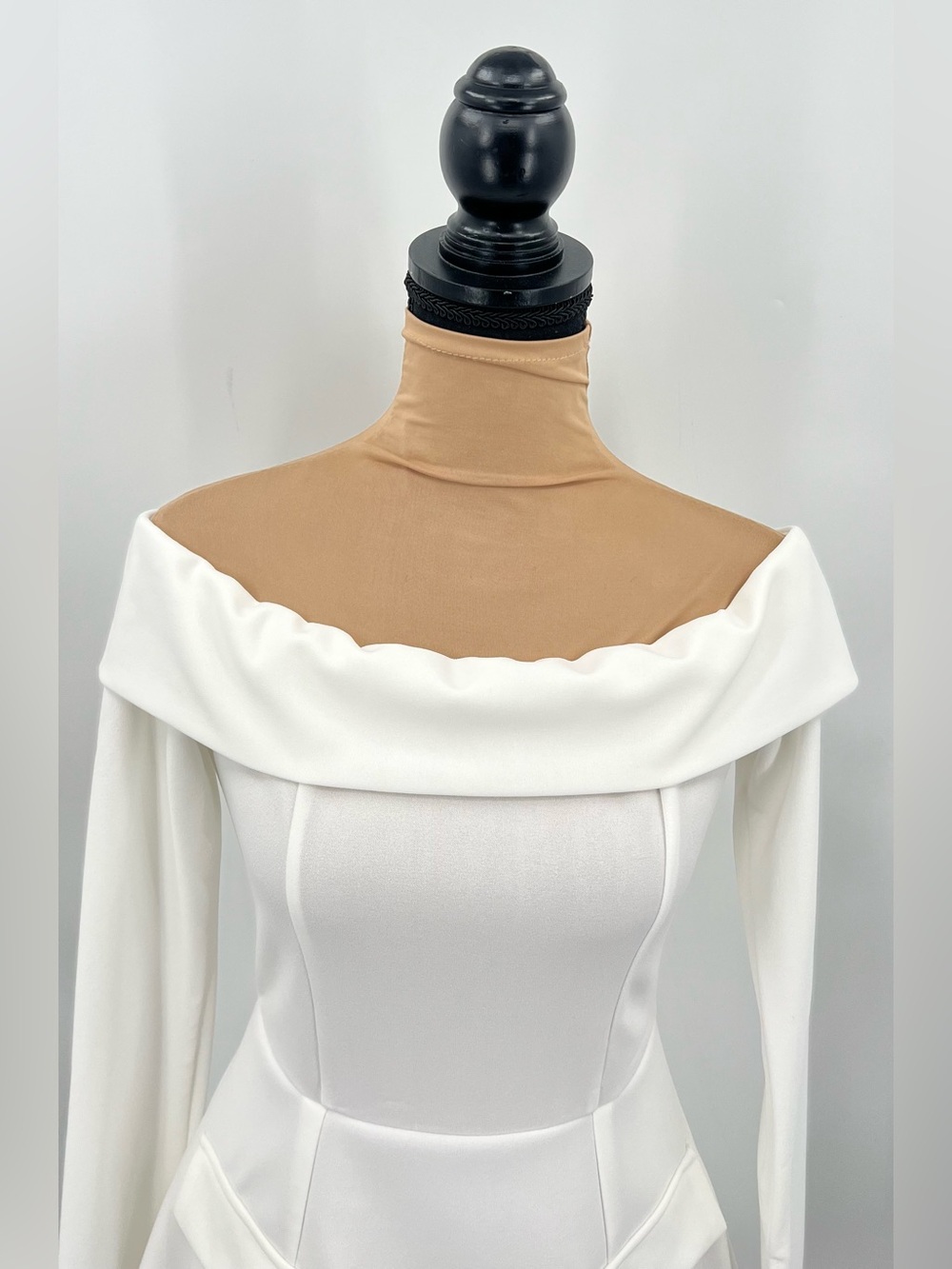 White Off Shoulder tailored Long Sleeve Mini Dress bridal coquette grad Dress S - Picture 6 of 13